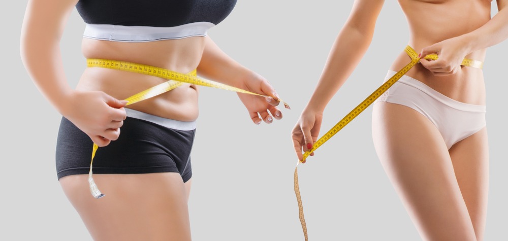 Before and after weight loss transformation showing two women measuring their waistlines with a tape measure, highlighting fitness progress and body shape changes.