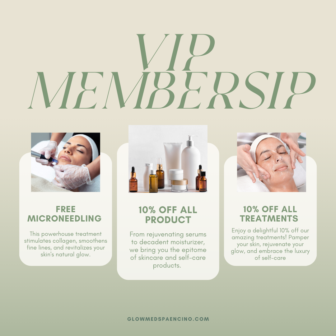 VIP membership promotional image highlighting benefits such as free microneedling, 10% off all products, and 10% off all treatments at Glow Med Spa Encino. The image features a person receiving a microneedling treatment, a selection of skincare products, and a relaxing facial treatment.